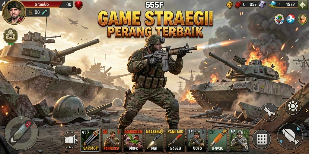 Screenshot gameplay 555F menampilkan pertarungan strategis yang intens.