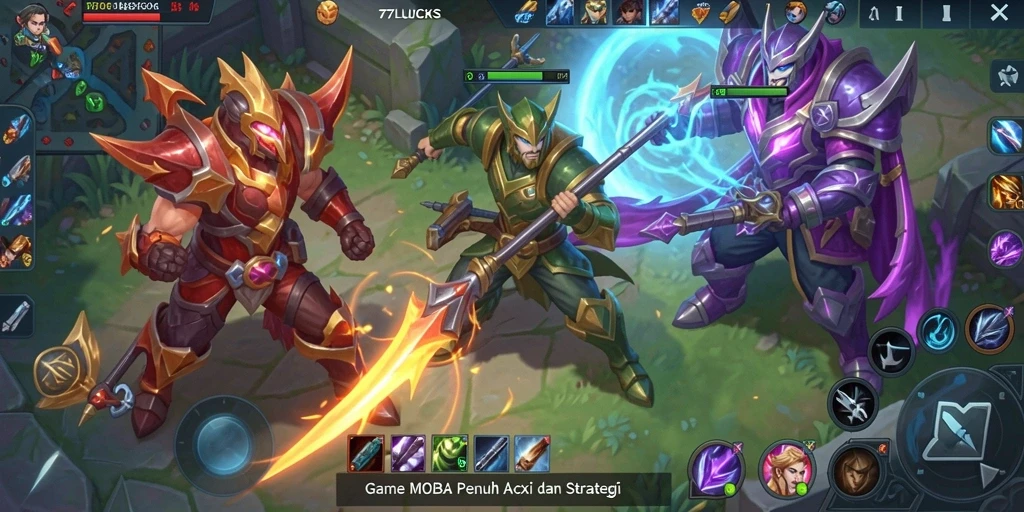 Gameplay intens dalam 77LUCKS MOBA yang menantang.
