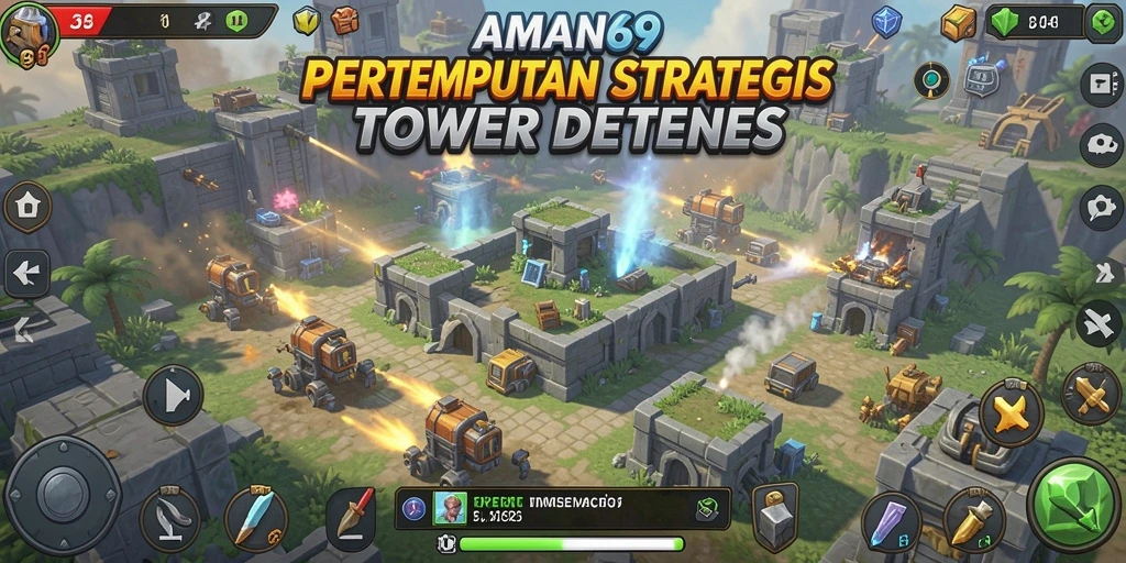 Screenshot gameplay AMAN69 menampilkan menara yang beraksi melawan musuh di peta menarik.