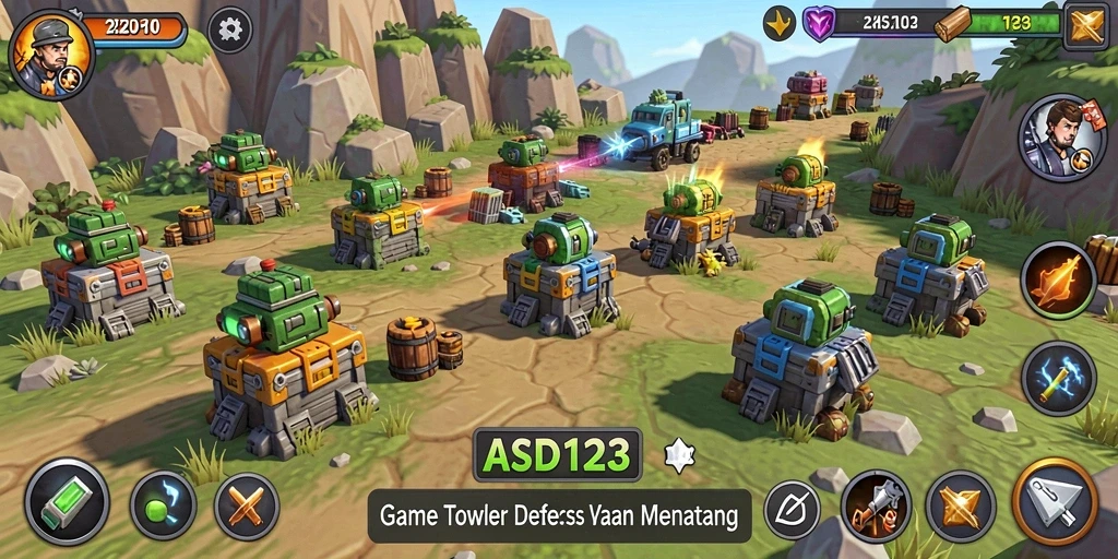 Screenshot utama ASD123 menampilkan gameplay Tower Defense yang menantang.