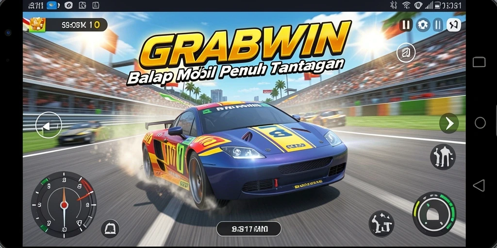 Gameplay balap mobil seru di GRABWIN dengan berbagai trek menantang.