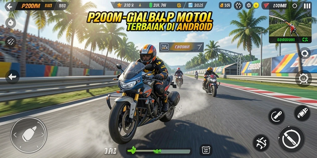 Screenshot utama P200M menampilkan aksi balap motor yang seru dan grafik menawan.