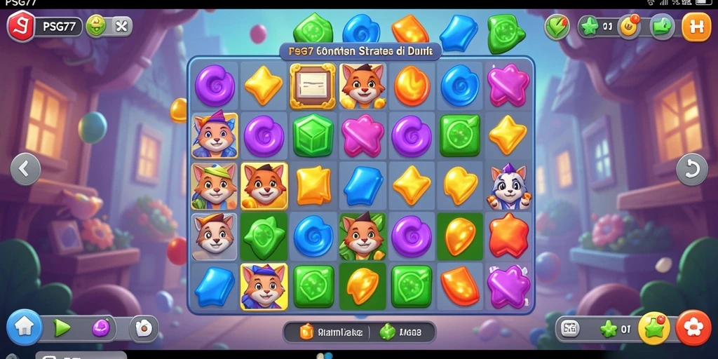Screenshot utama PSG77 menunjukkan aksi gameplay Match-3 yang seru.