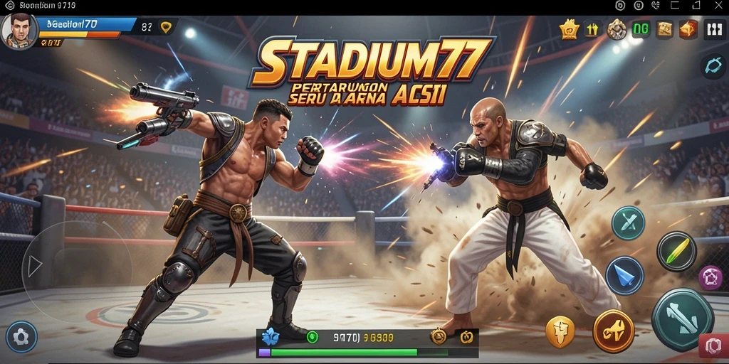 Screenshot utama menampilkan pertarungan seru di STADIUM77.