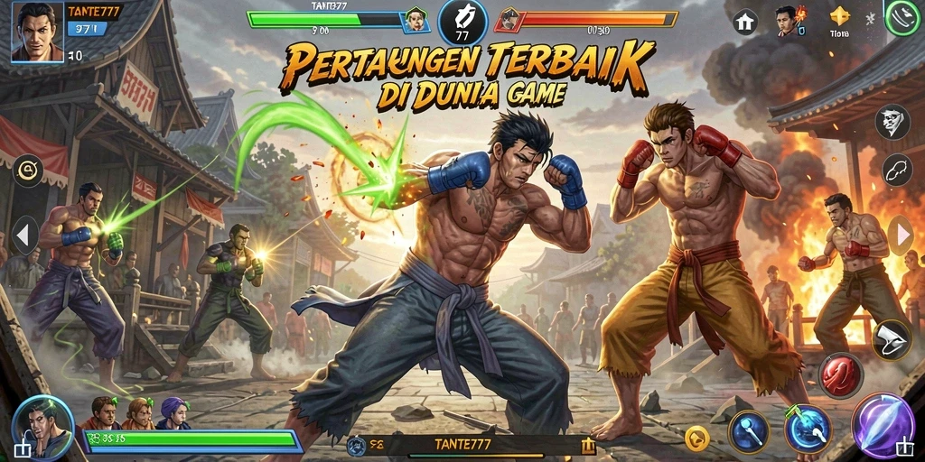 Tangkapan layar utama TANTE777 menampilkan karakter sedang bertarung dengan latar belakang yang dinamis.