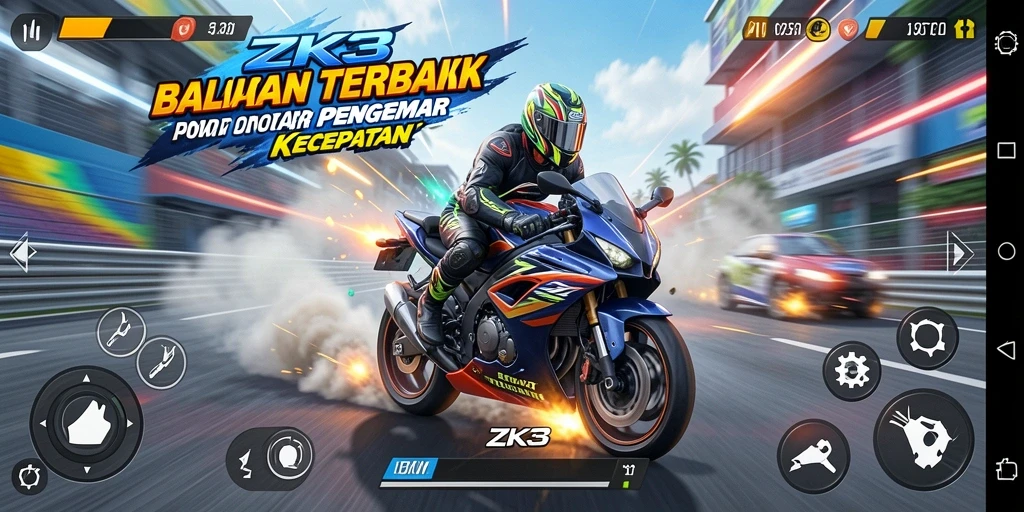 Tangkapan layar gameplay ZK3 yang menampilkan aksi balapan motor yang mendebarkan.